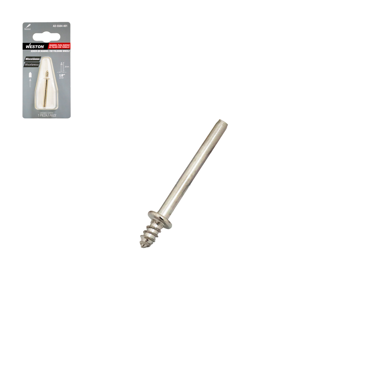 MANDRIL PARA RUEDAS DE PULIDO C/TORNILLO ZANCO 1/8" LARGO TOTAL 38MM