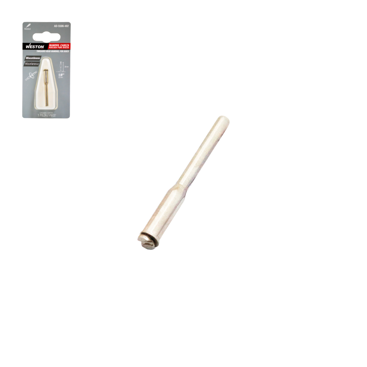 MANDRIL CABEZA ROSCADA PARA DISCOS ZANCO 1/8" LARGO TOTAL 38MM
