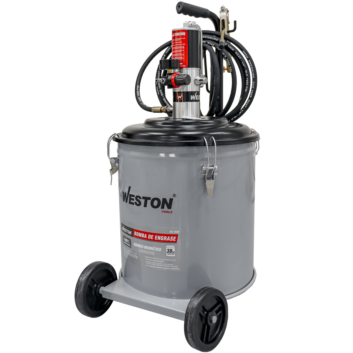 BOMBA NEUMATICA D/ENGRASE 38KG C/MANGUERA 5M C/RUEDAS 5800 PSI