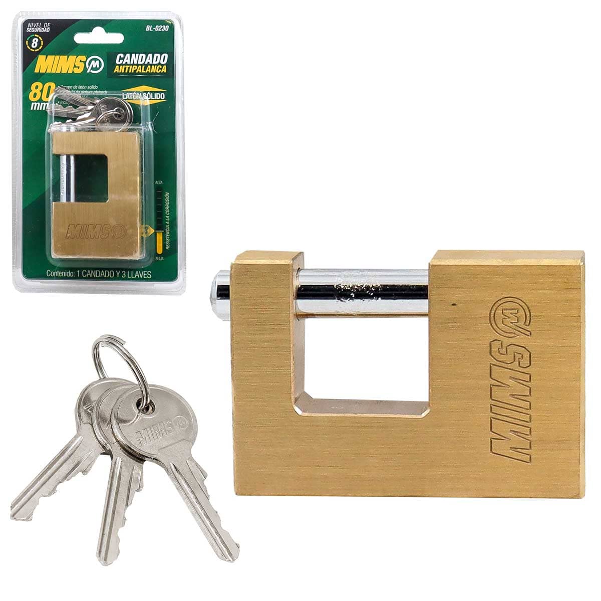 CANDADO ANTIPALANCA DE LATON SOLIDO 80MM C/3LLAVES (CAJA C/6 PZAS - PRECIO X PIEZA)