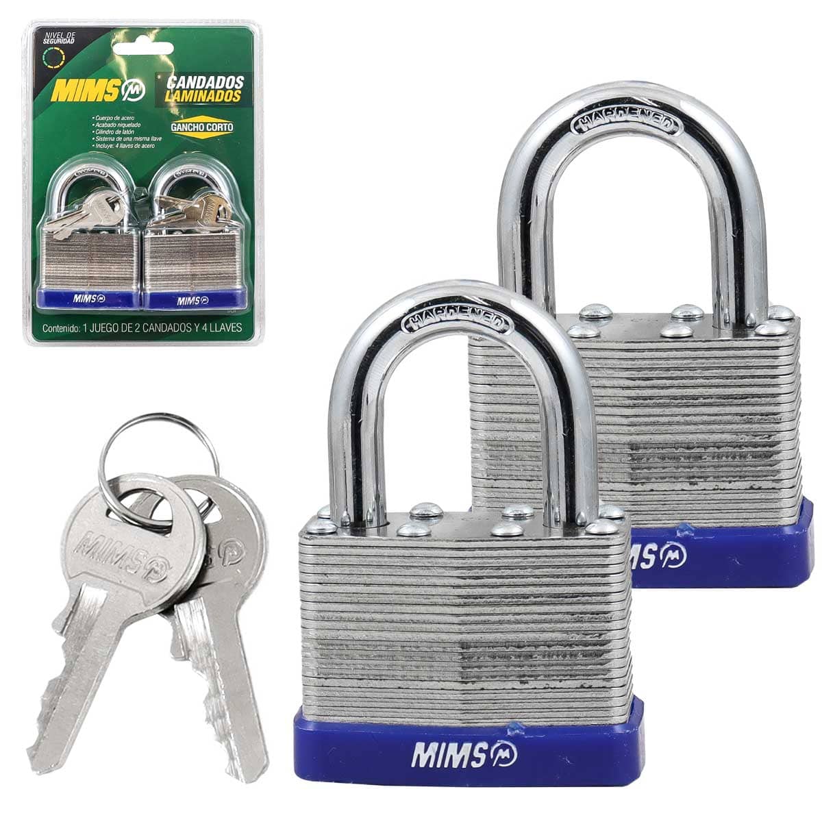 JGO. DE 2 CANDADOS DE ACERO CUERPO LAMINADO 30MM C/4 LLAVES (CAJA C/6 PZAS - PRECIO X PIEZA)