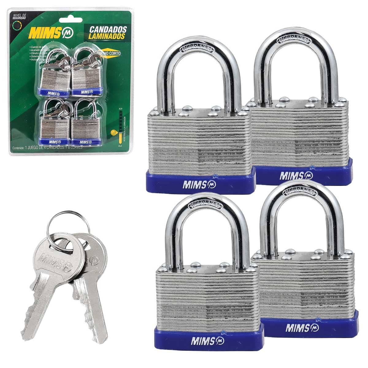 JGO. DE 4 CANDADOS DE ACERO CUERPO LAMINADO 30MM C/8 LLAVES (CAJA C/3 JGOS - PRECIO X JGO)