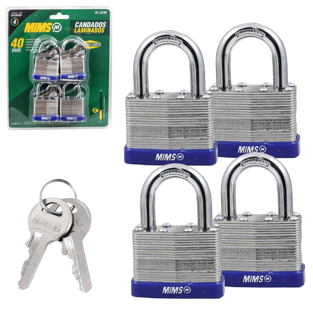 JGO. DE 4 CANDADOS DE ACERO CUERPO LAMINADO 40MM C/8 LLAVES (CAJA C/3 JGOS - PRECIO X JGO)