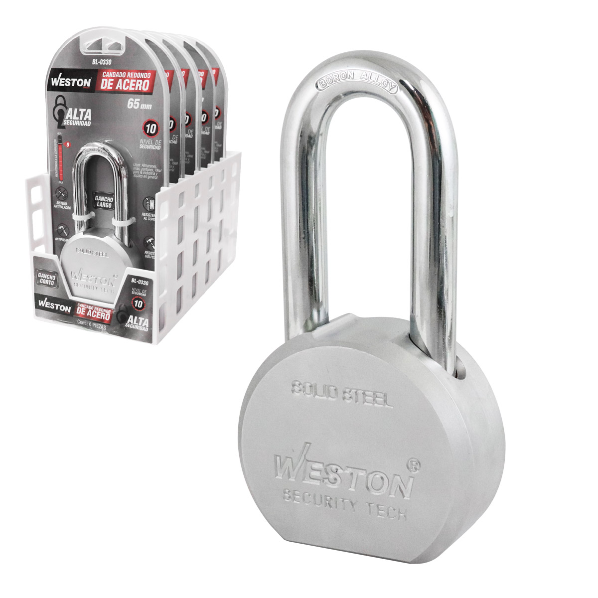 CANDADO REDONDO D/ACERO GANCHO LARGO D/BORO ALTA SEGURIDAD 65MM C/3 LLAVES