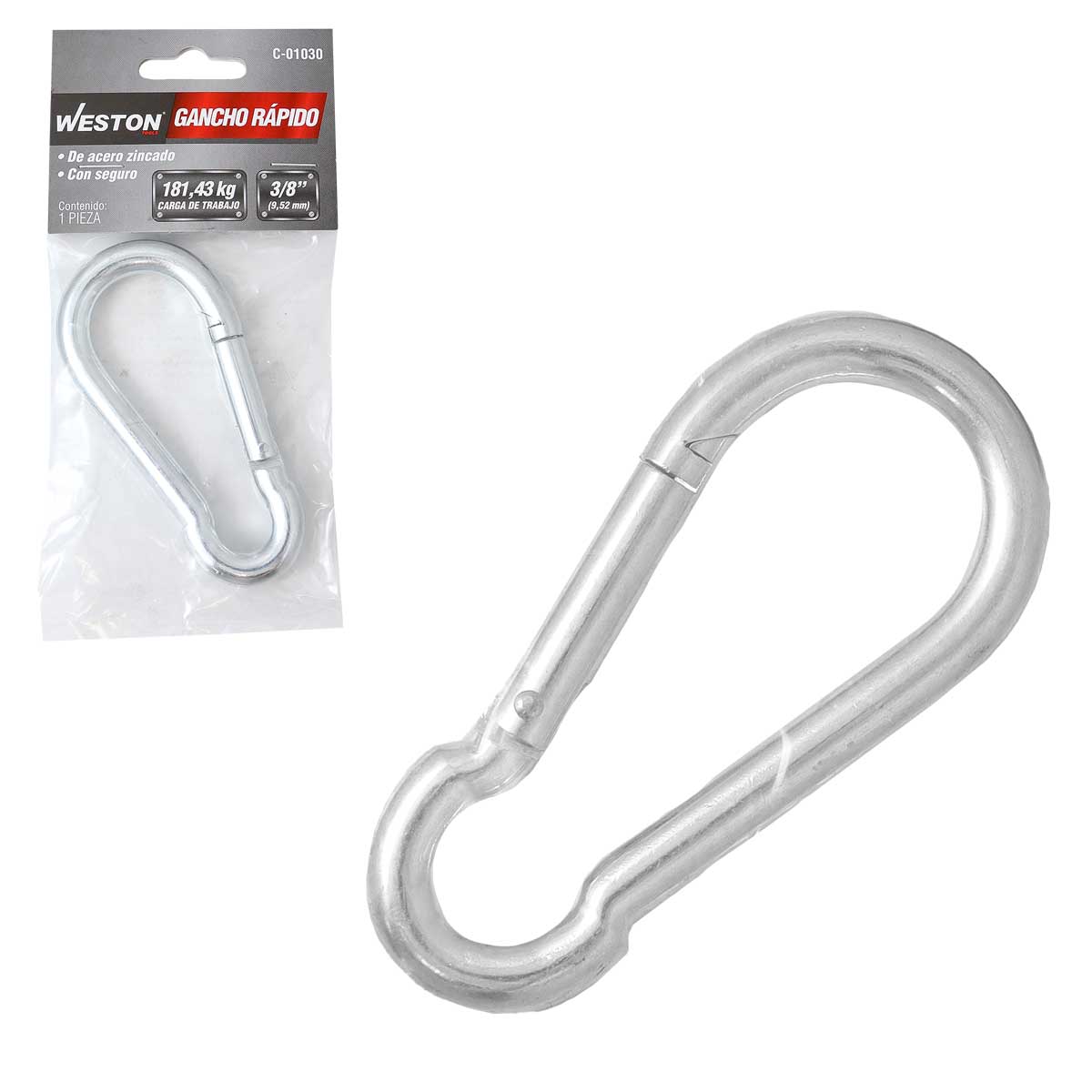 GANCHO RAPIDO ACERO C/SEGURO ZINC 10MM X 100MM (PRECIO X PIEZA - EMPAQUE C/1 PZA)