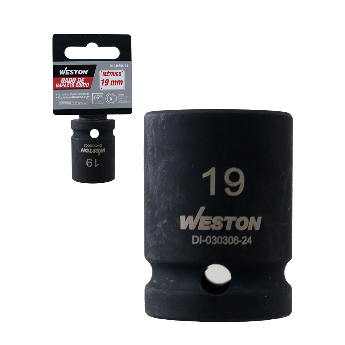DADO DE IMPACTO CORTO CUADRO 1/2" 6 PUNTAS 19MM