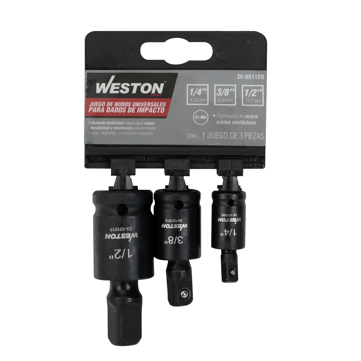 JGO. DE 3 NUDOS UNIVERSALES PARA DADOS DE IMPACTO CUADRO 1/4" 3/8" Y 1/2"