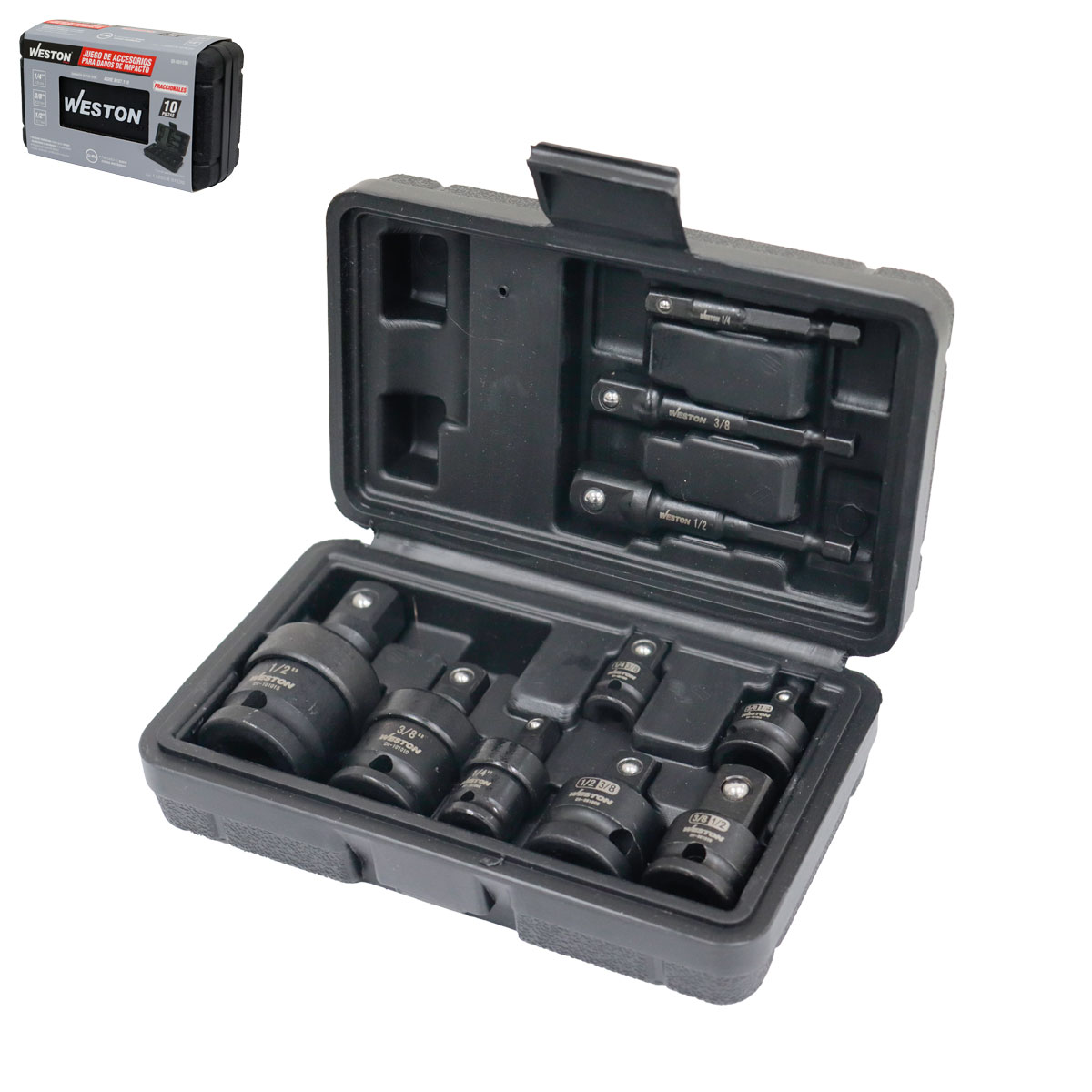 JGO. DE 10 ACCESORIOS PARA DADOS DE IMPACTO CUADRO 1/4" 3/8" Y 1/2"