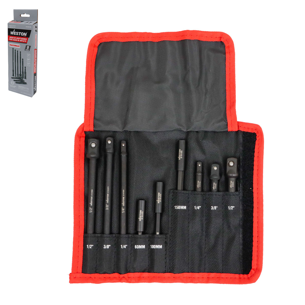 JGO. DE 9 ADAPTADORES PARA DADOS DE IMPACTO CUADRO 1/4" 3/8" Y 1/2"