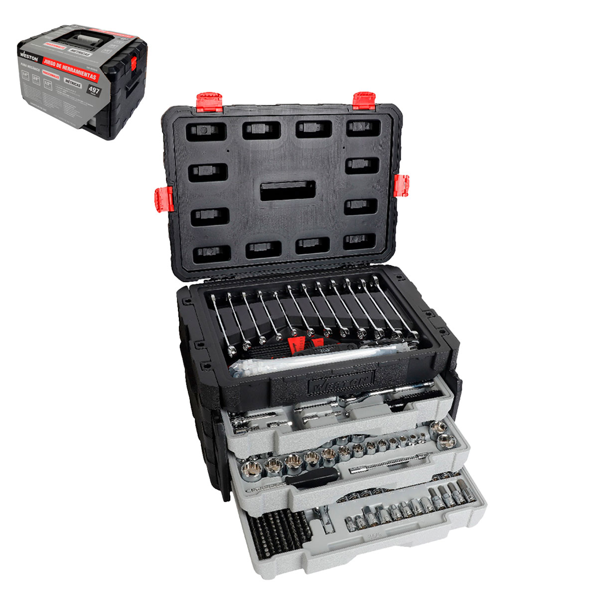 JGO. D/497 HERRAMIENTAS CUADRO 1/4", 3/8" Y 1/2" FRACC. Y METRIC. P/MECANICO