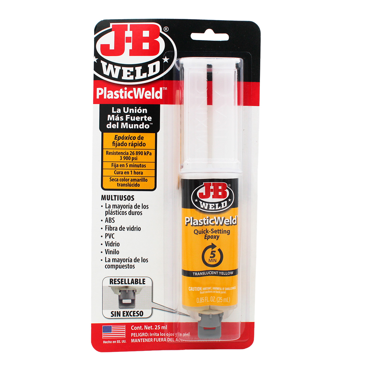 ADHESIVO EPÓXICO 25 ML JERINGA PARA PLÁSTICO NEGRO 15 MIN JB WELD