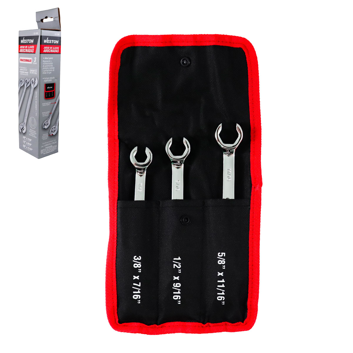 JUEGO DE LLAVES ABOCINADAS SAE 3 PZS 3/8x7/16", 1/2x9/16", 5/8x11/16" PULIDO ESPEJO CrV