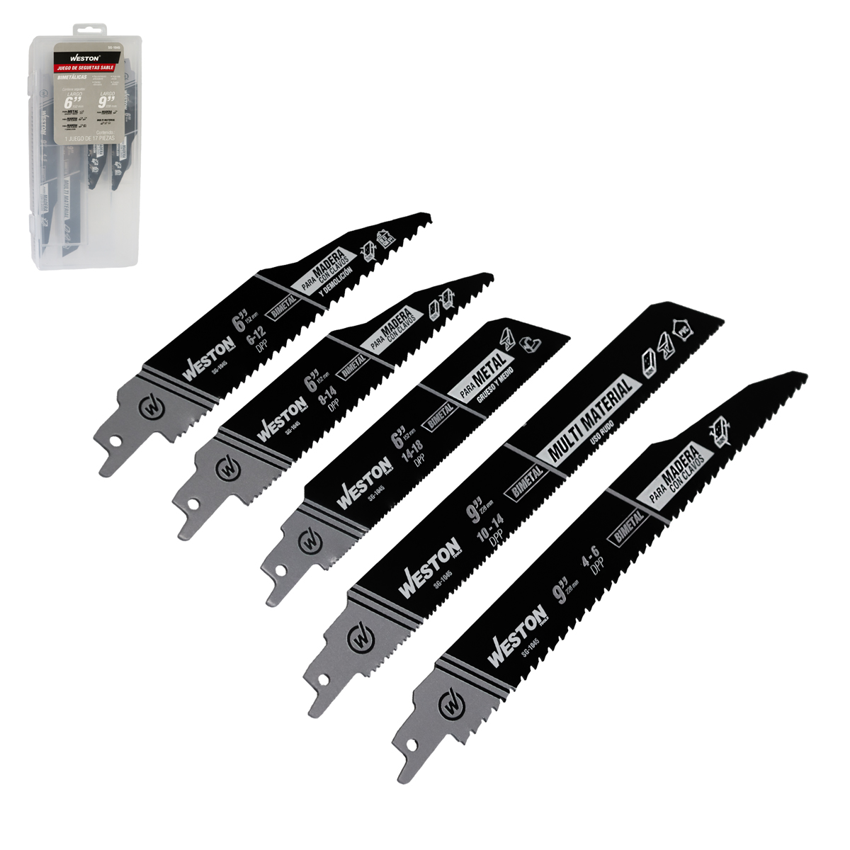 SEGUETA SABLE BIMETALICA 6" 6/12DPP, 6" 8/14DPP, 6" 14/18DPP, 9" 4/6DPP & 9" 10/14DPP (JGO C/17 PZS)