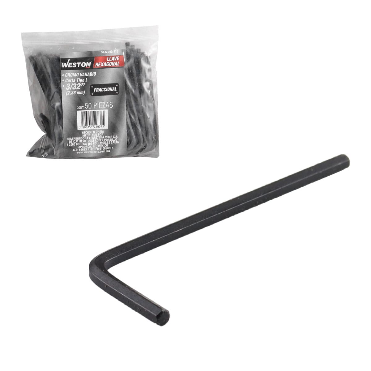 LLAVE HEXAGONAL L CORTA CrV  3/32" (PRECIO X PZA - EMPAQUE C/50 PZAS)