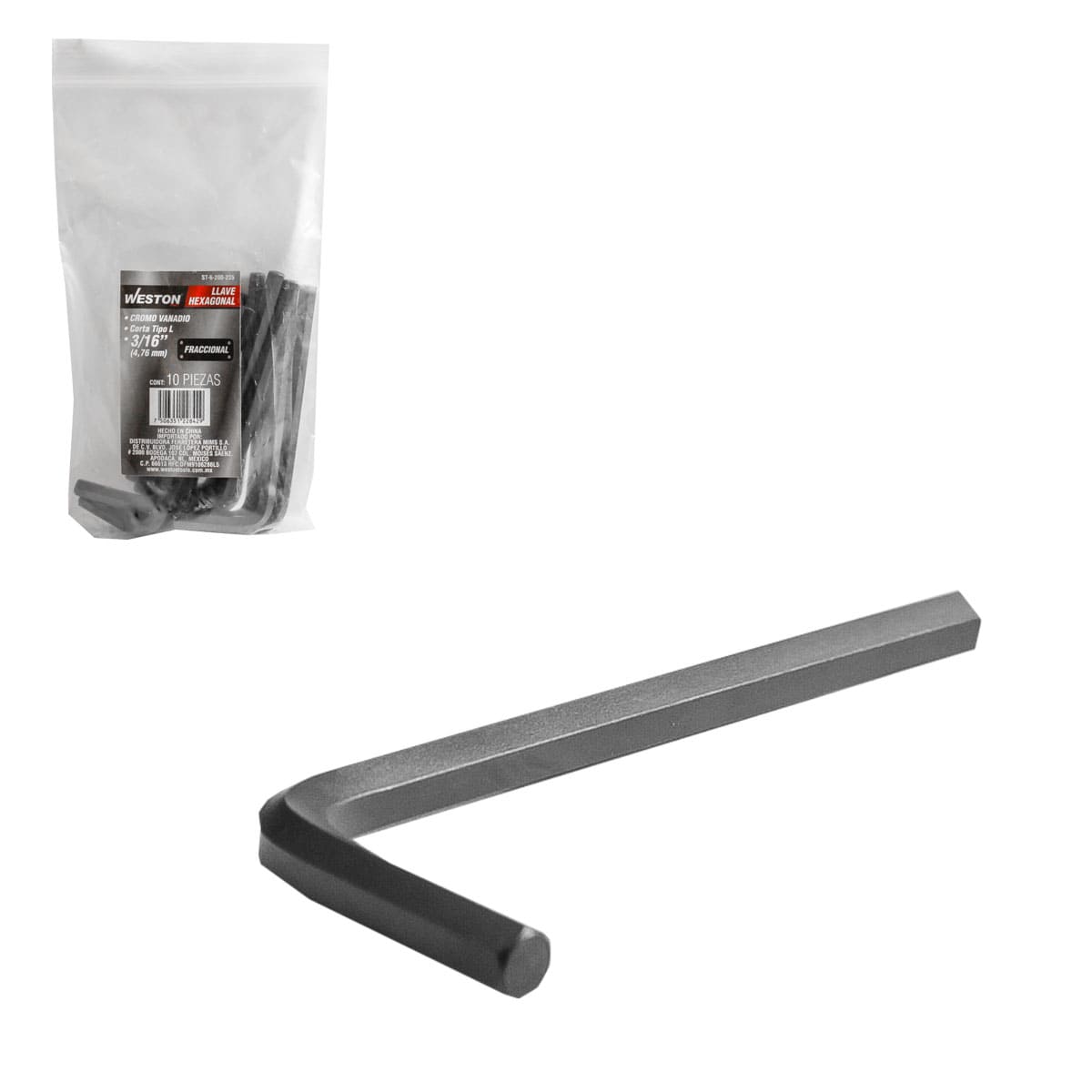 LLAVE HEXAGONAL L CORTA CrV  3/16"  (PRECIO X PZA - EMPAQUE C/10 PZAS)