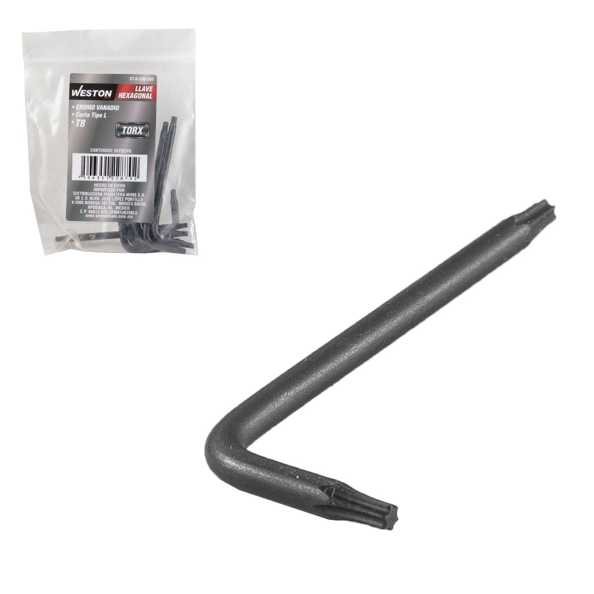 LLAVE HEX, L PUNTAS TORX CORTA CrV  T8  (PRECIO X PZA - EMPAQUE C/10 PZAS)