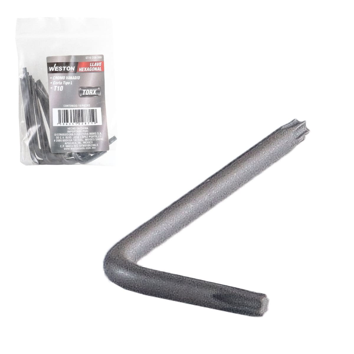 LLAVE HEX, L PUNTAS TORX CORTA CrV  T10  (PRECIO X PZA - EMPAQUE C/10 PZAS)