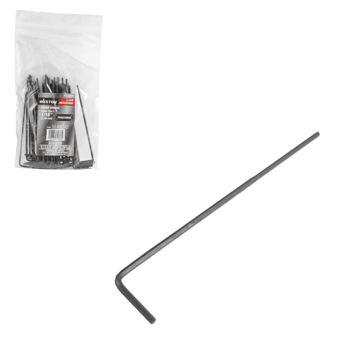 LLAVE HEX, L LARGA 1/16" (PRECIO X PZA - EMPAQUE C/50 PZAS)