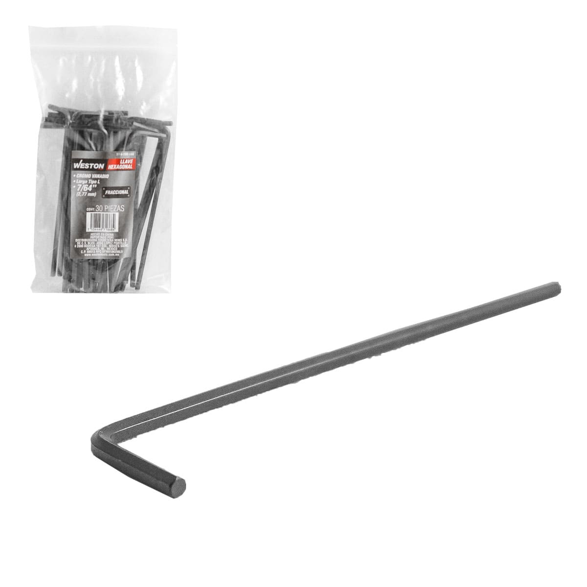 LLAVE HEX, L LARGA 7/64" (PRECIO X PZA - EMPAQUE C/30 PZAS)