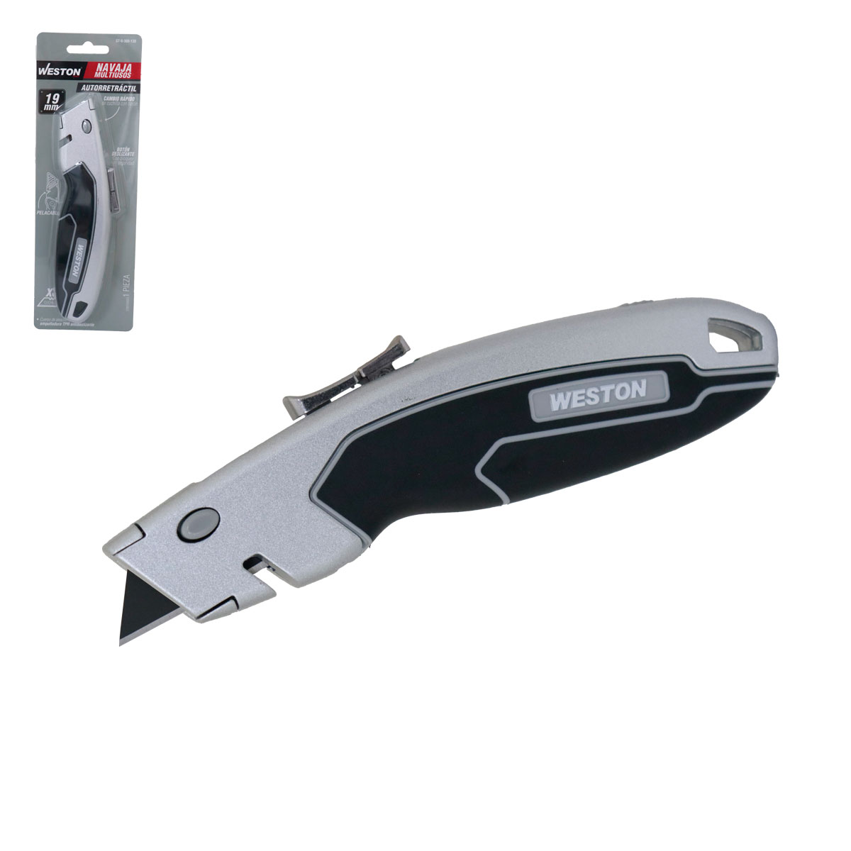 NAVAJA MULTIUSOS RETRACTIL CON RECUBRIMIENTO TPR Y BOTON DE SEGURIDAD USO PESADO 19X60MM