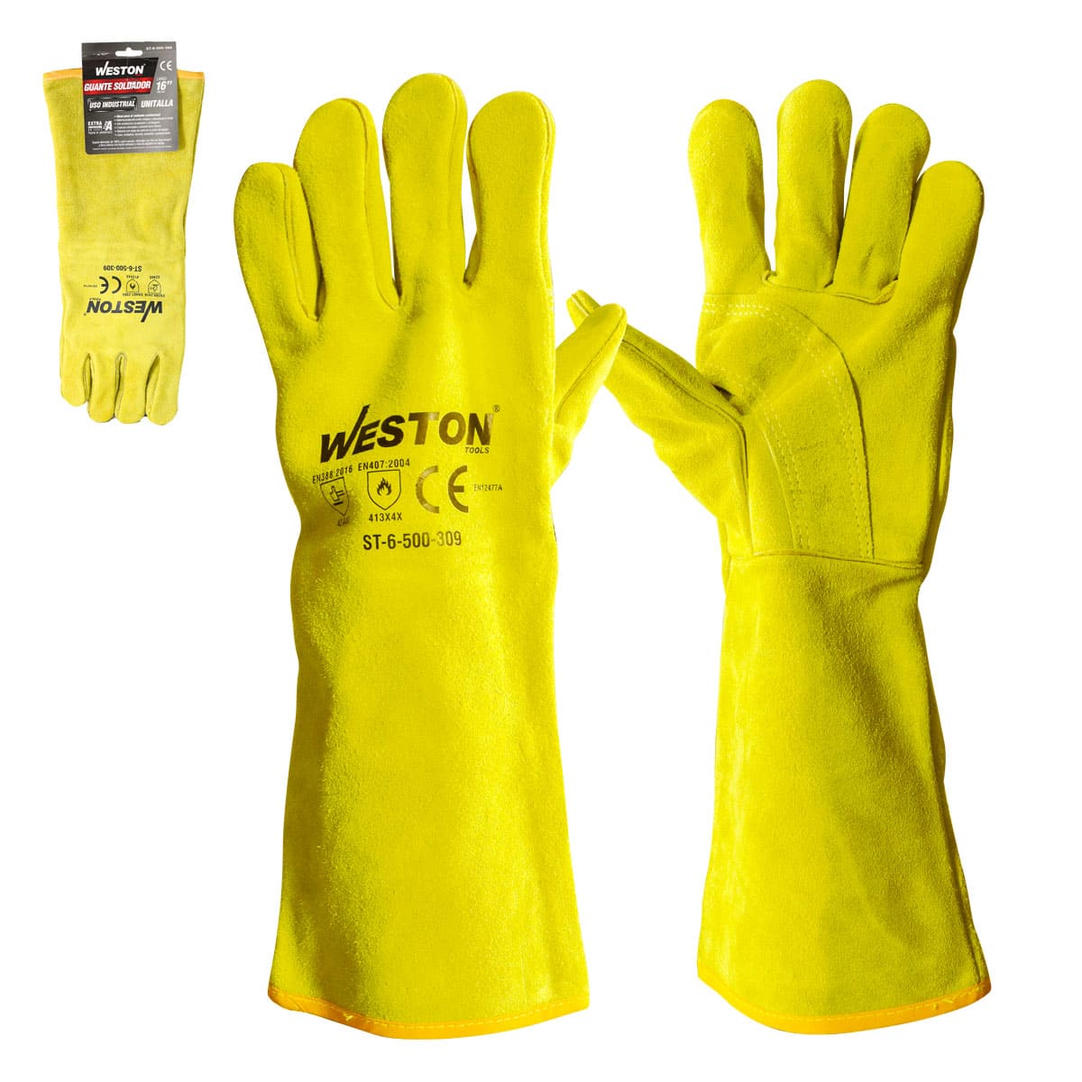 GUANTE SOLDADOR AMARILLO C/ REF. EN PALMA, USO INDUSTRIAL TIPO A 16"
