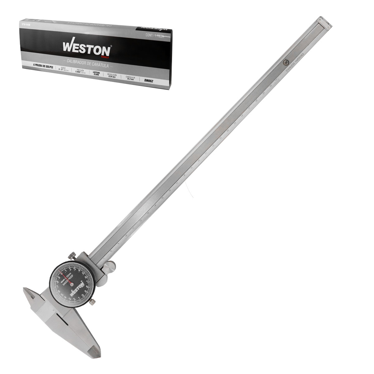 CALIBRADOR DE CARATULA A PRUEBA D/GOLPES ACERO INOX  0-300mm / ±0.04 mm / 0.02 mm