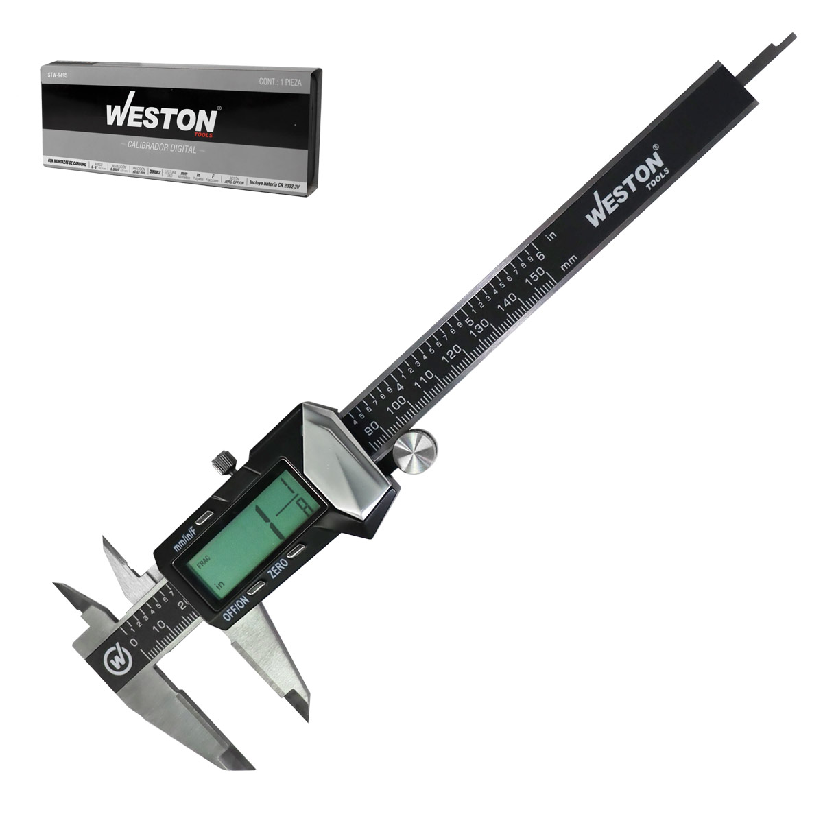 CALIBRADOR DIGITAL ACERO INOX. MANDIBULAS PUNTA D/CARBURO 6"