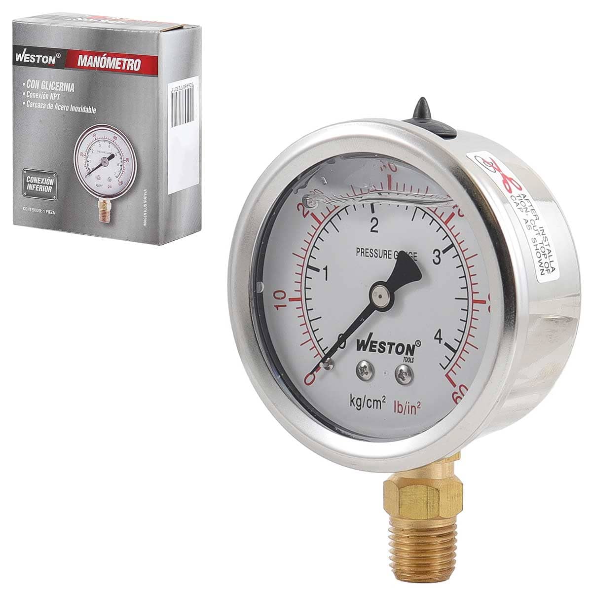 MANOMETRO GLICERINA 2 1/2" 1/4" NPT 70KG/1000LB