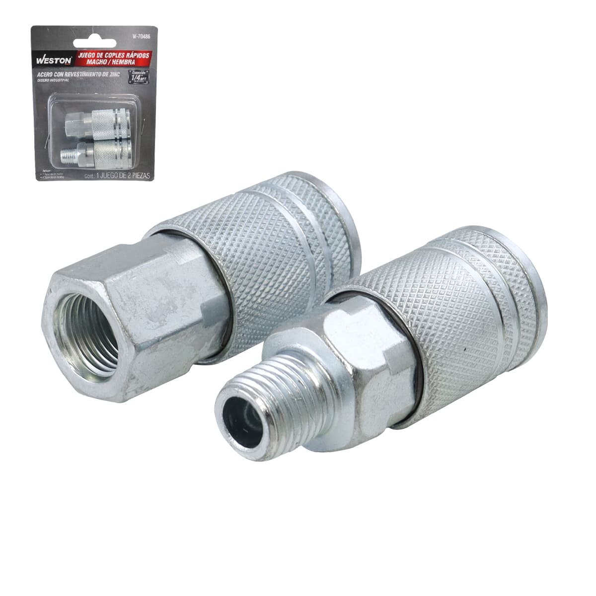 JUEGO DE COPLES RAPIDO MACHO/HEMBRA DE ACERO CROMADO 1/4" NPT INDUSTRIAL