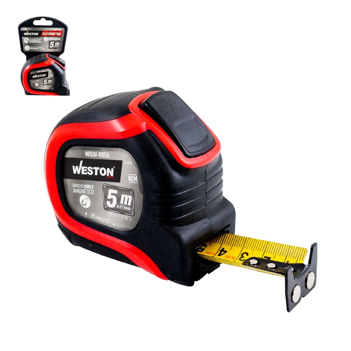 FLEXOMETRO 5M X 27MM ROJO CINTA ANCHA (Empaque c/6 pzas - Precio x pieza)