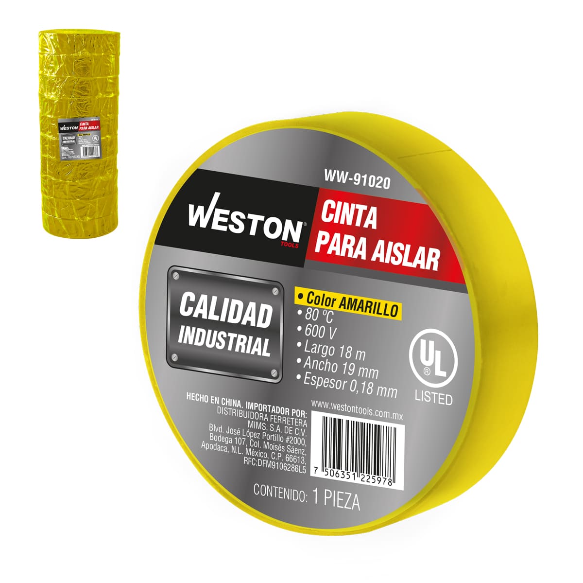 CINTA PARA AISLAR 18 m X 19 mm COLOR AMARILLO (Precio x Empaque - Empaque c/10 pzas)