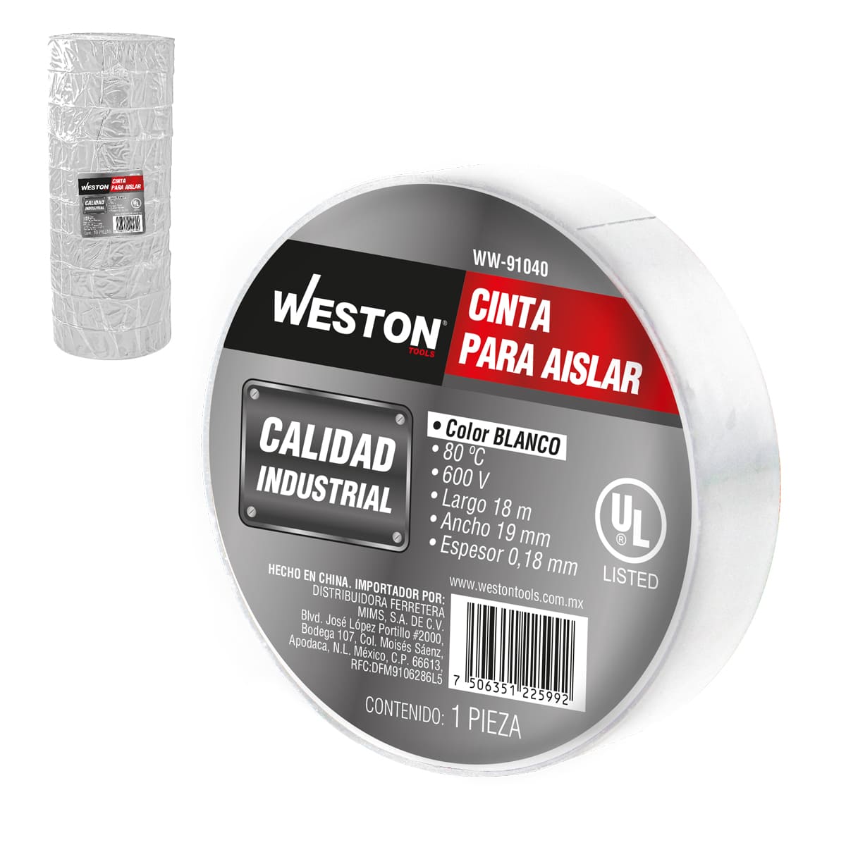 CINTA PARA AISLAR 18 m X 19 mm COLOR BLANCO (Precio x Empaque - Empaque c/10 pzas)