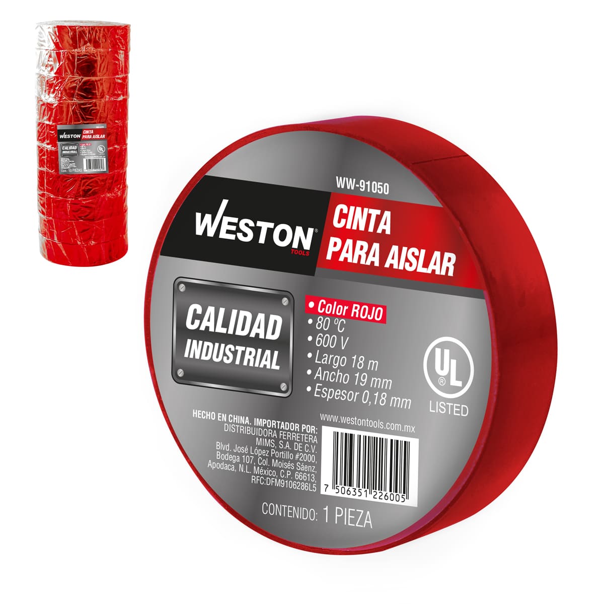 CINTA PARA AISLAR 18 m X 19 mm COLOR ROJO (Precio x Empaque - Empaque c/10 pzas)