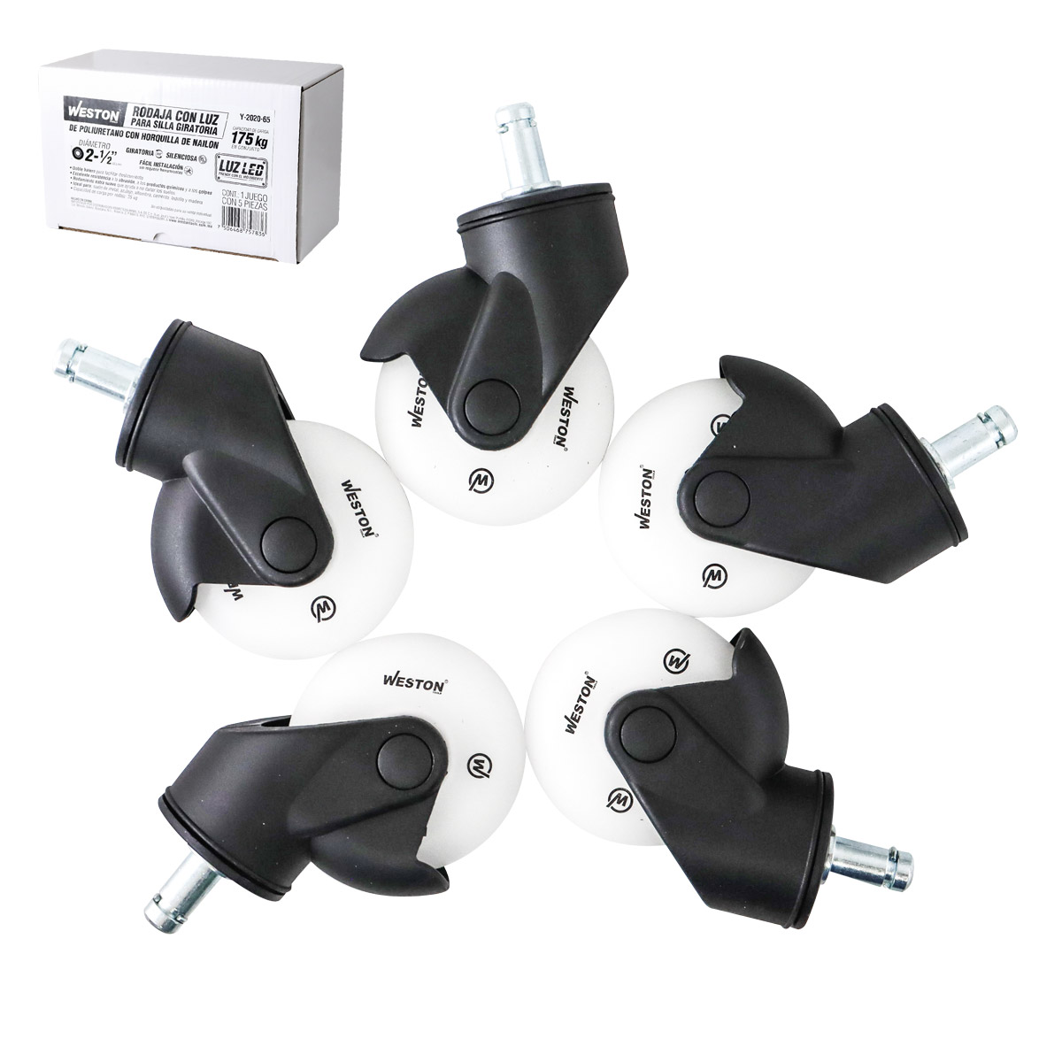 RODAJAS C/LUZ LED D/PU C/HORQ. D/NAILON P/SILLA GIRA. 2-1/2 X 1" (Precio x Caja - Caja con 5 piezas)