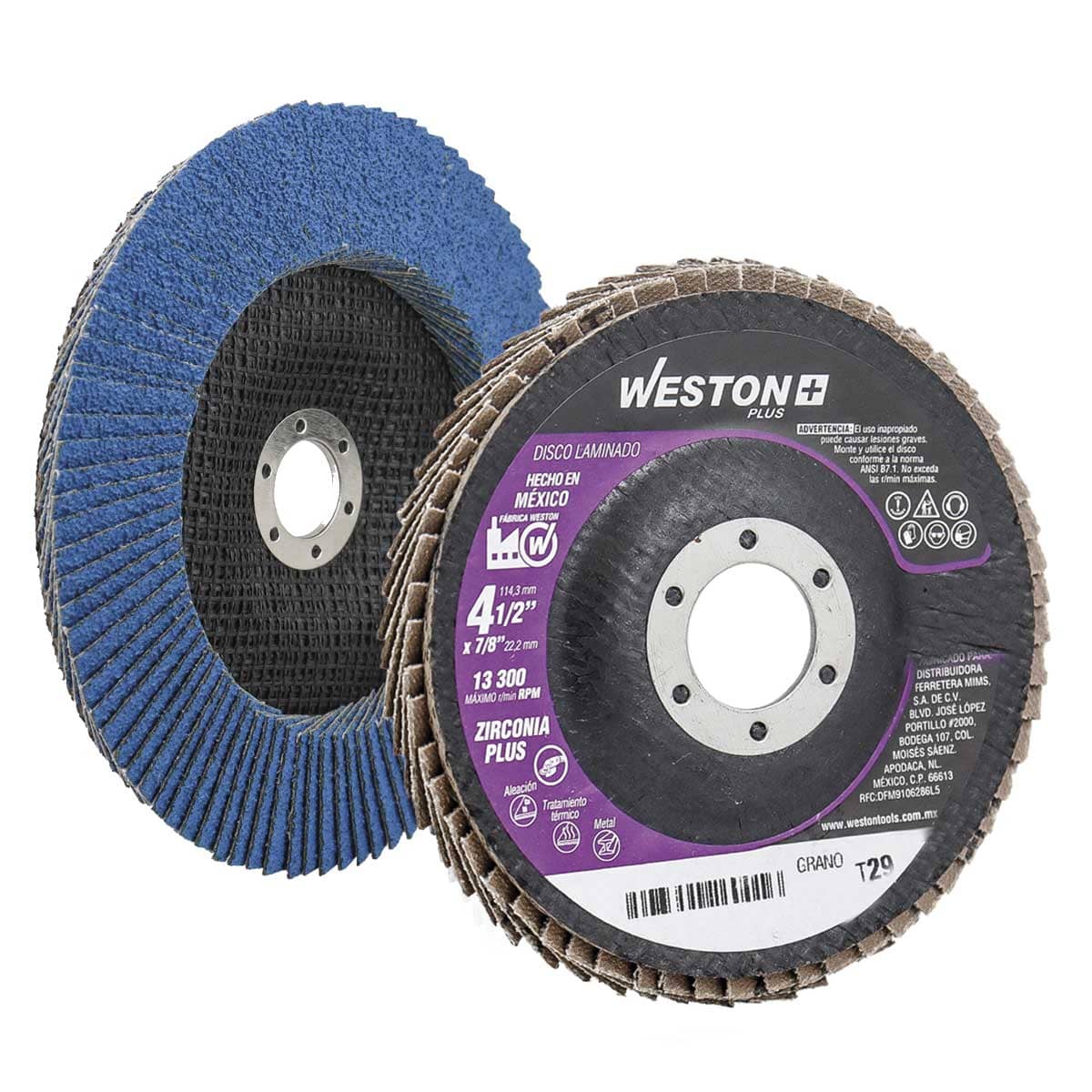 DISCO LAMINADO ZIRCONIA 4-1/2" G60 AZUL (Precio x pieza - Empaque c/10 pzas)