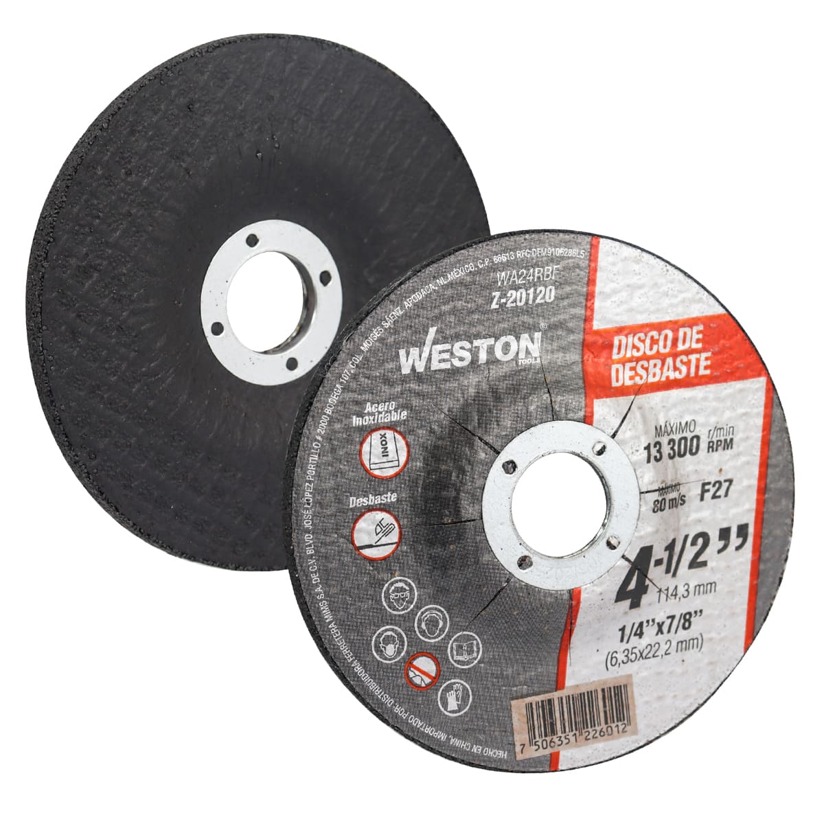 DISCO D/DESBASTE P/INOX. 4-1/2" x 1/4"(6.35) x 7/8" F27 (Emp. c/5 Pzas - Precio x Pza)