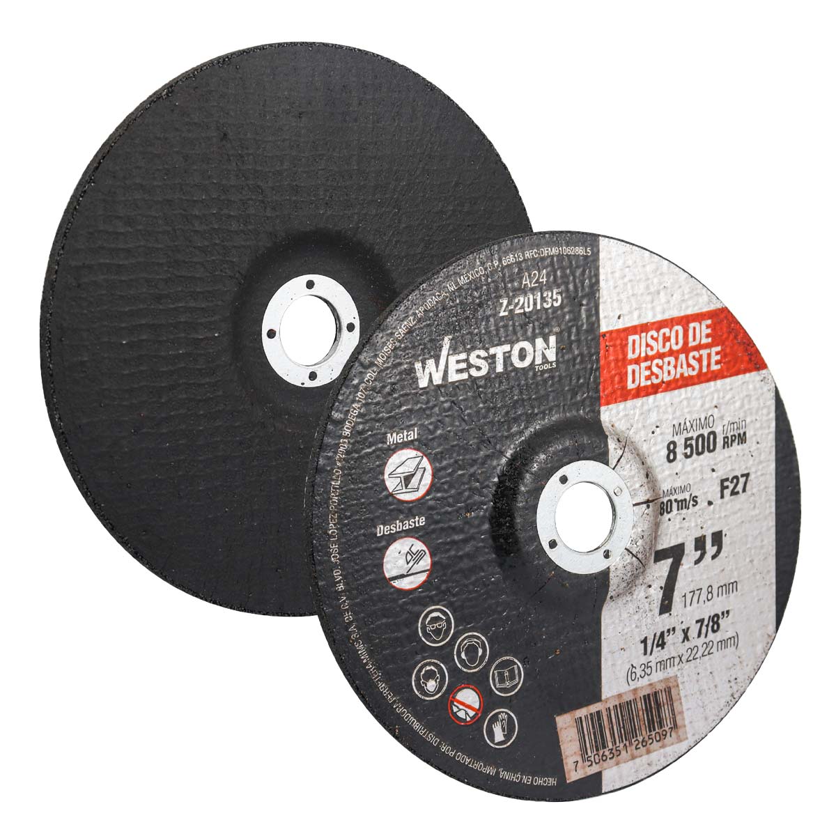 DISCO D/DESBASTE P/METAL 7" x 1/4"(6.35) x 7/8" F27 (Emp. c/5 Pzas - Precio x Pza)