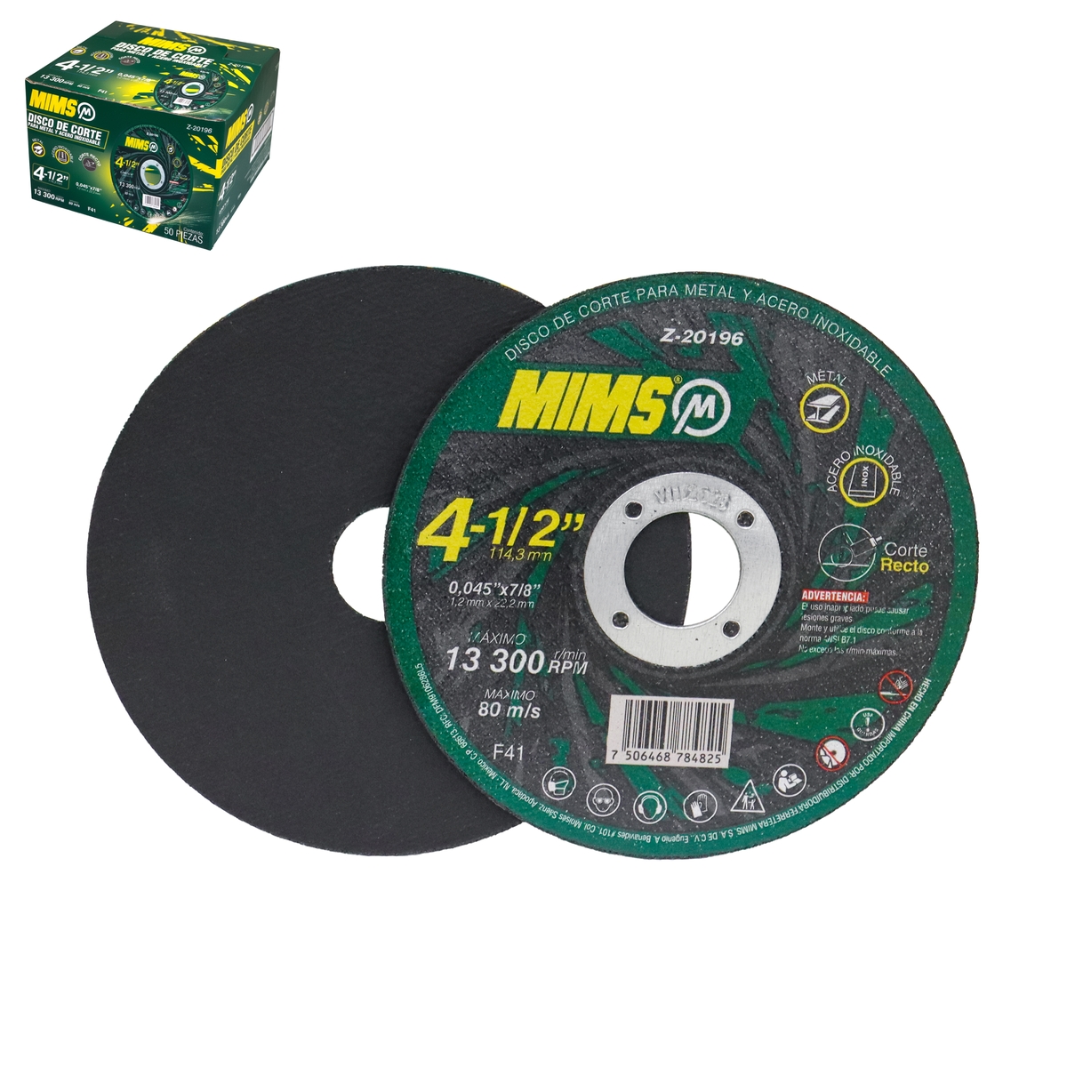 DISCO D/CORTE P/INOX. Y METAL 4-1/2" x 0.045"(1.4) x 7/8" F41 MIMS (Emp. c/50 Pzas - Precio x Pza)