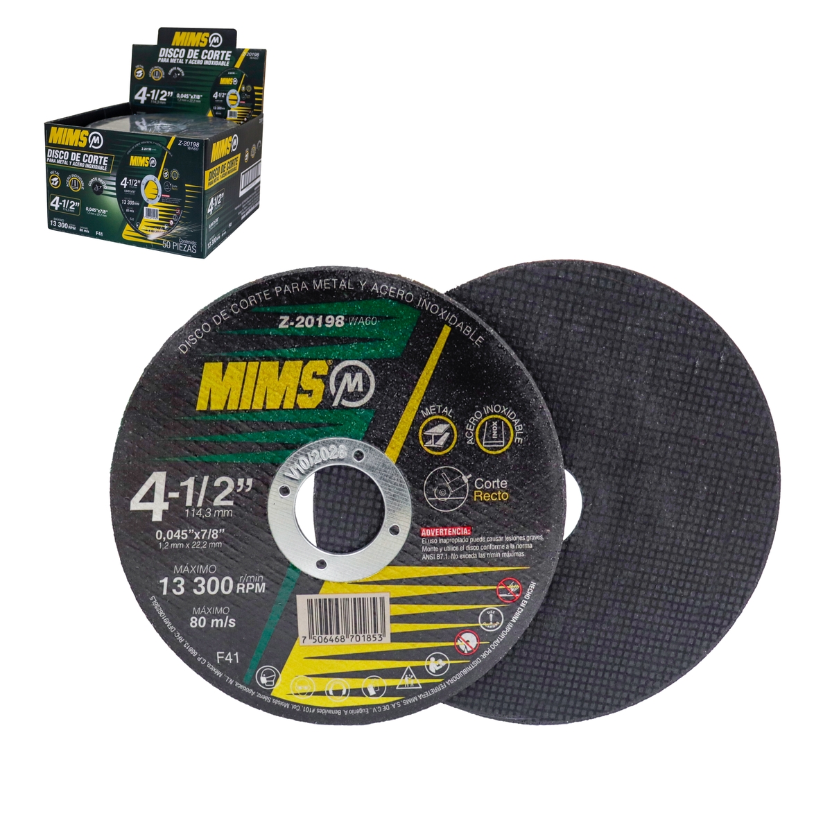 DISCO D/CORTE P/INOX. Y METAL 4-1/2" x 0.045"(1.4) x 7/8" F41 MIMS (Emp. c/50 Pzas - Precio x Pza)
