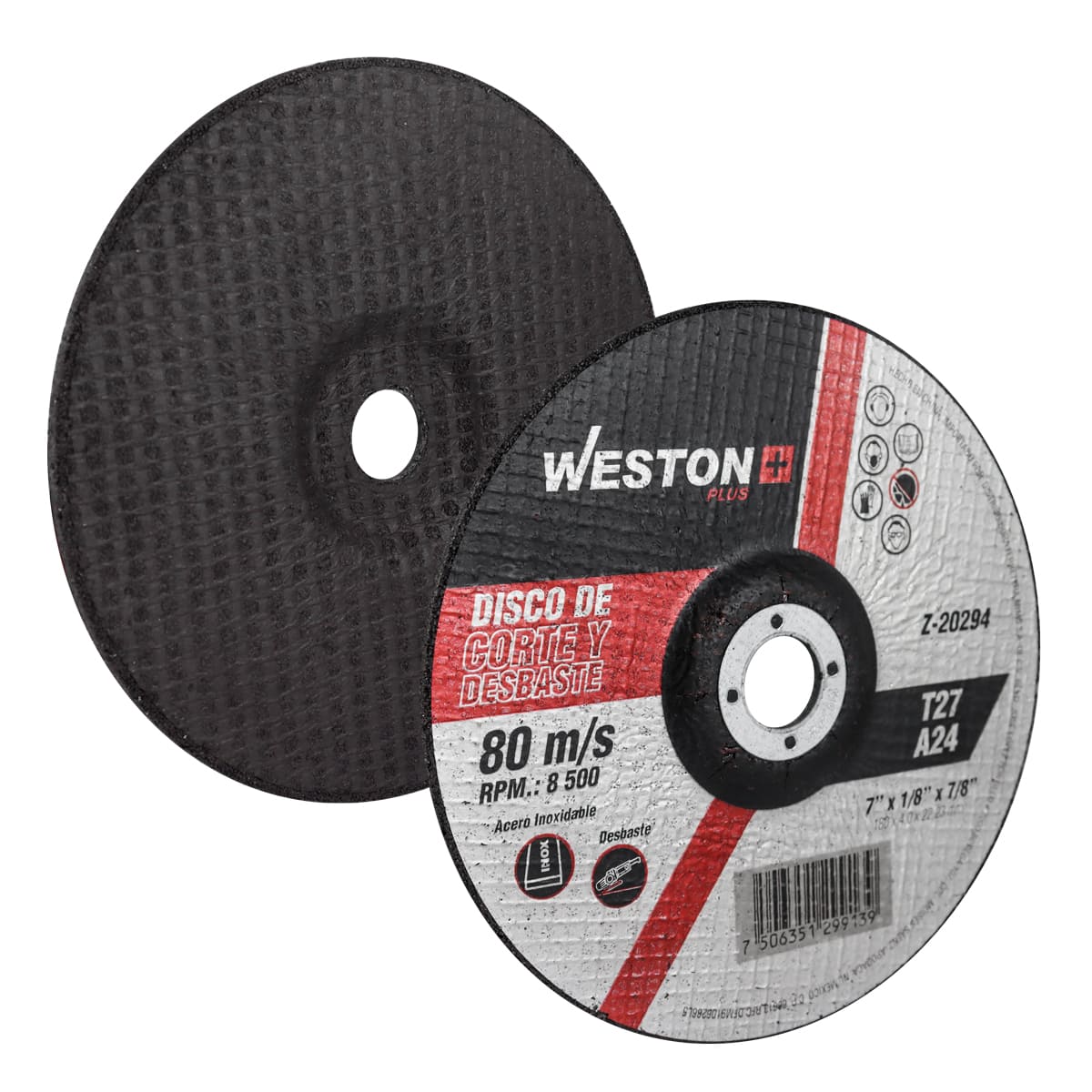 DISCO D/CORTE Y DESBASTE P/INOX. 7" x 5/32"(4) x 7/8" F42/F27 (Emp. c/5 Pzas - Precio x Pza)