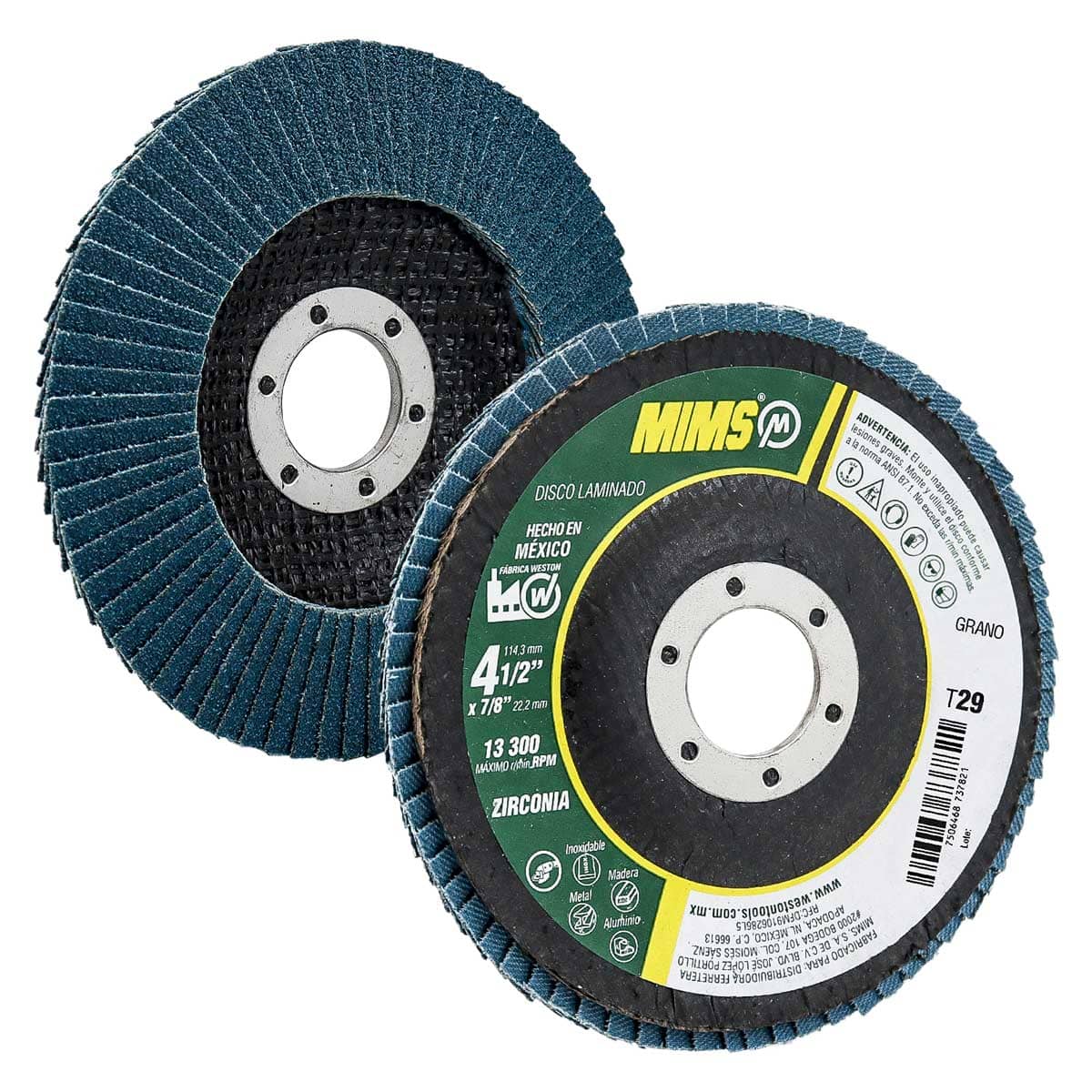 DISCO LAMINADO ZIRCONIA MIMS (Z80) 4-1/2" X 7/8" T29 (Precio x pieza - Empaque c/10 pzas)