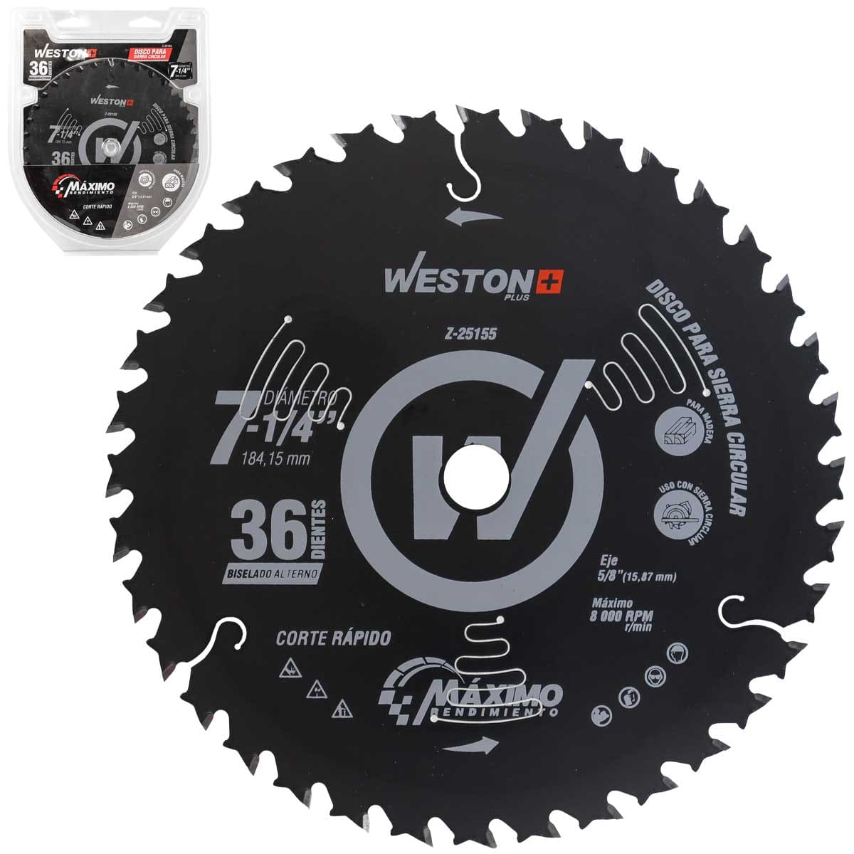 DISCO PARA SIERRA CIRCULAR P/MADERA CORTE RAPIDO 7-1/4'' X 5/8'' 36DT