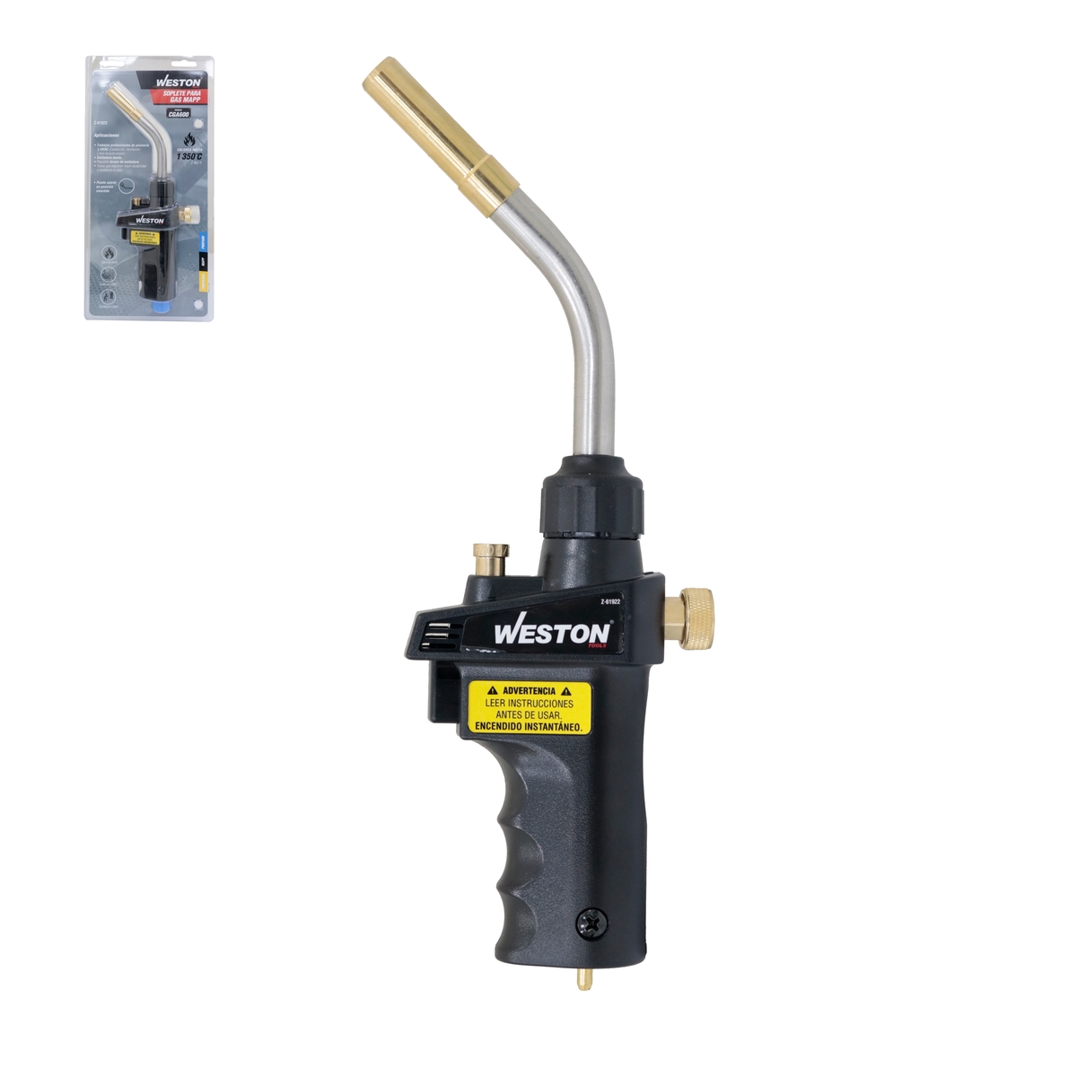 SOPLETE MAPP 1350°C CGA600 ENCENDIDO P/GATILLO CUERPO D/LATON ACERO INOX.
