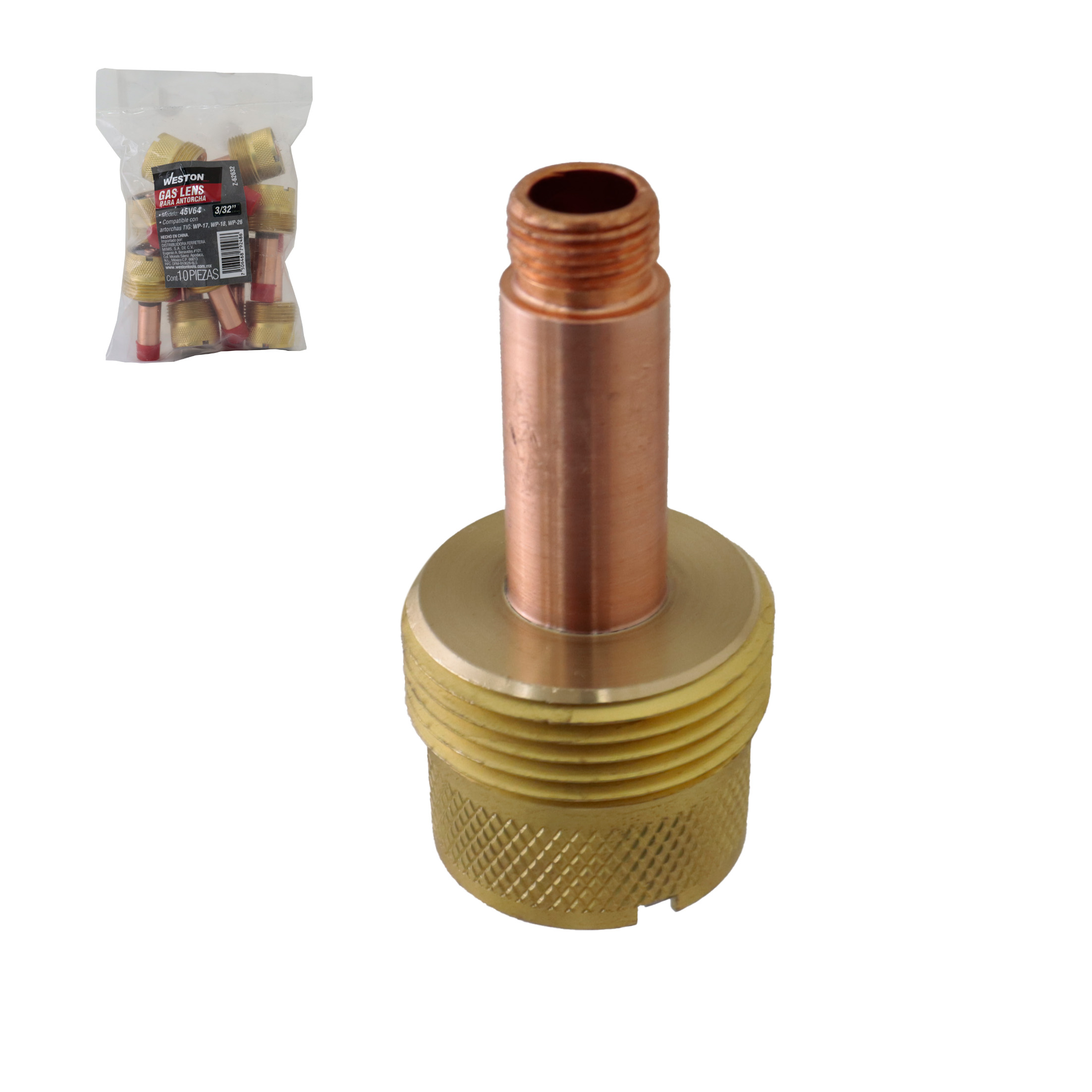 GAS LENS P/ANTORCHA TIG 45V64 3/32" (2.4 mm)(Empaque c/10 pzas - Precio x pieza)
