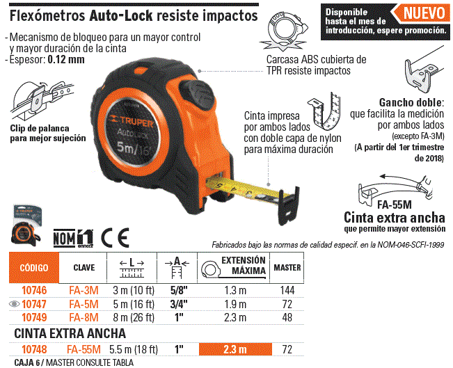 Flexómetro Auto-Lock contra impactos 5.5 m cinta 25 mm, Flexómetros, 10748