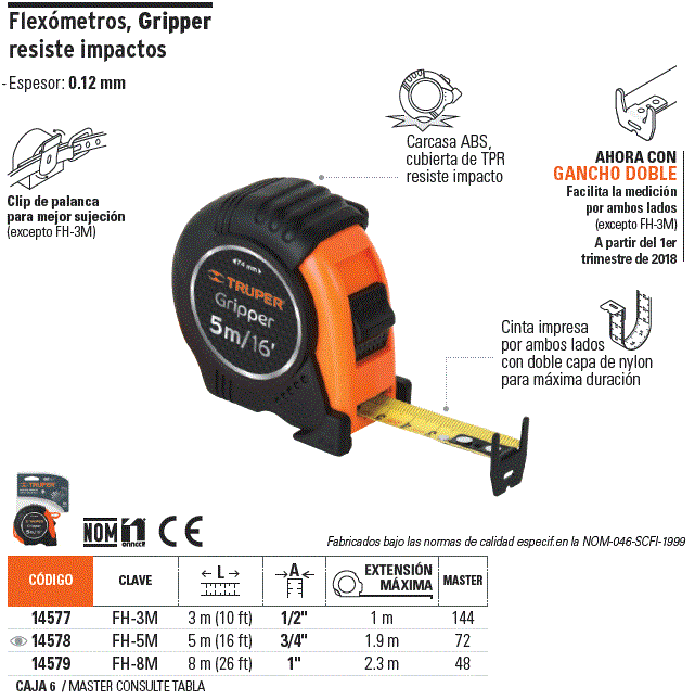 Cinta Métrica Flexómetro 3 Metros Gripp Anti Impactos Truper