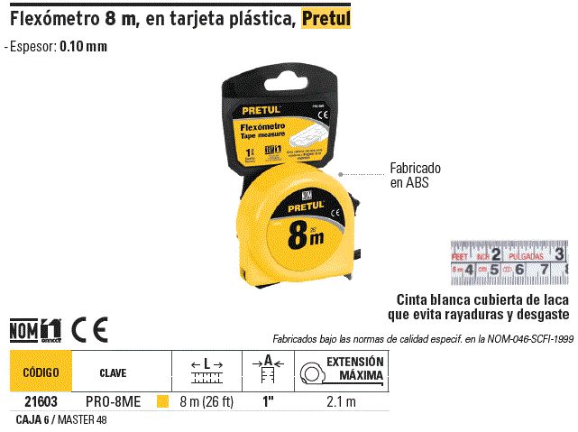 Flexómetro Pretul Truper 8 metros Fabricado en ABS