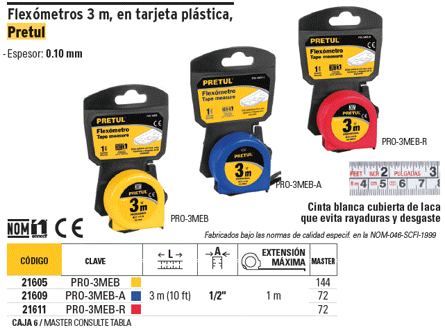 21605 / PRO-3MEB TRUPER Flexómetro amarillo 3 m cinta 13 mm, en tarjeta,  Pretul