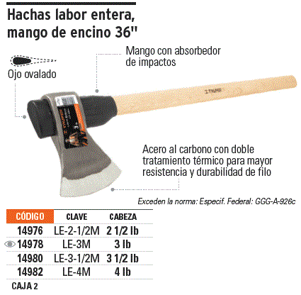 Hacha Labor Entera, 3 Lb Mango 36 Para Cortar Leña Truper