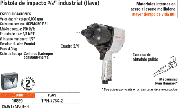 Llave de impacto neumática 3/4 , industrial, Truper, Pistolas De Impacto,  16889